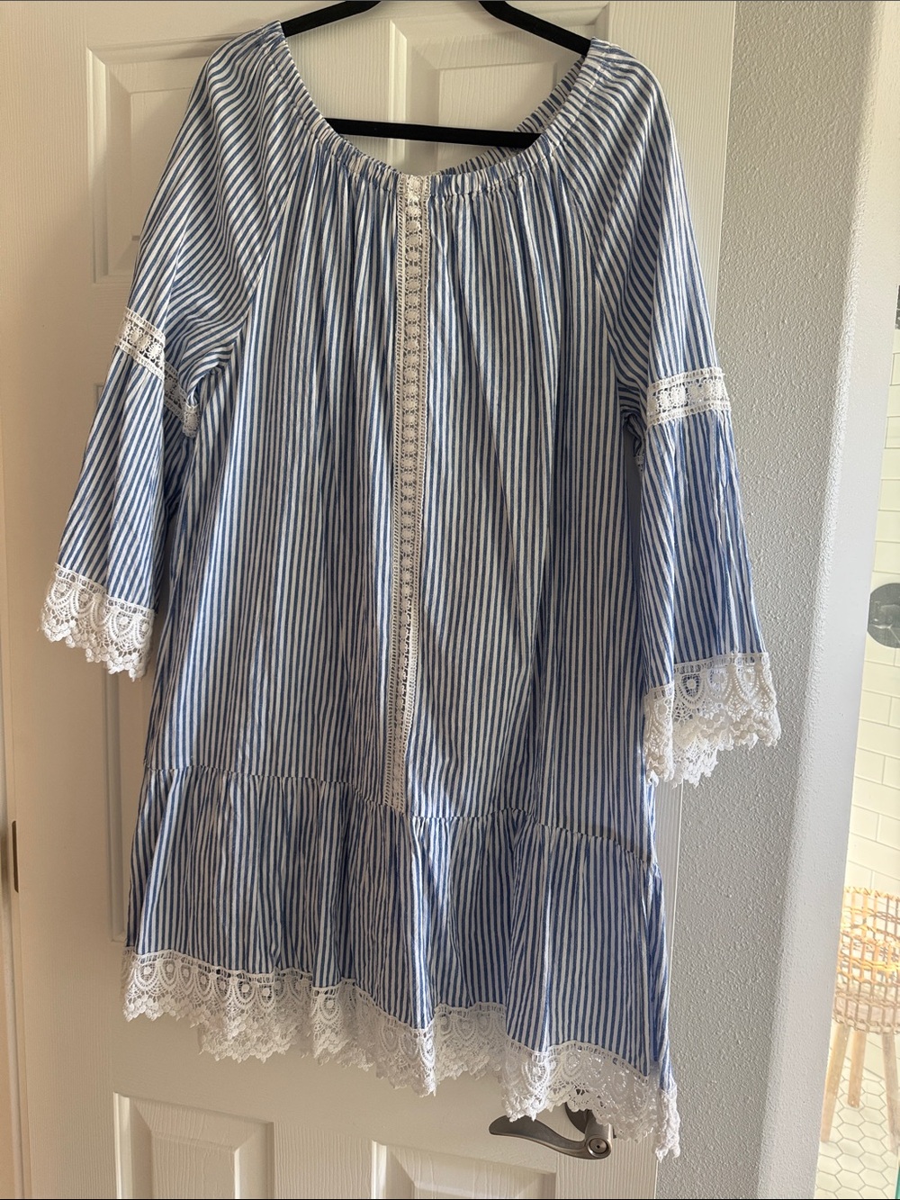 Blue and White Striped Lace-Trim Tunic Dress and all White tunic dress